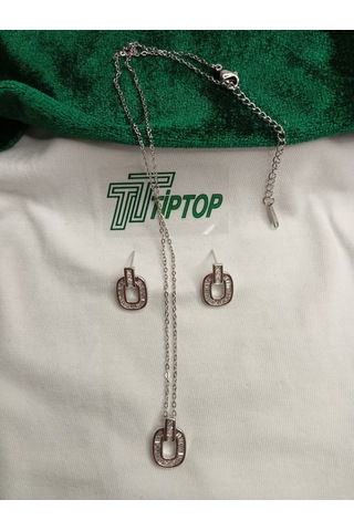 Tiptop/ Gümüş Renk Zirkon Taşlı Baget Kolye Ve Küpe Set Gümüş