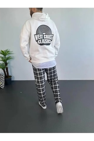 Efnaz Style Erkek Baskılı Üç İplik Kapüşonlu Oversize Sweatshirt - Beyaz