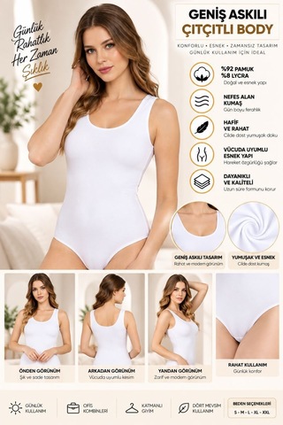 Kadın Geniş Askılı Çıtçıtlı Body Beyaz, Esnek Kumaş, Vücuda Oturan Basic Kadın Body - Ryl - 2700 S
