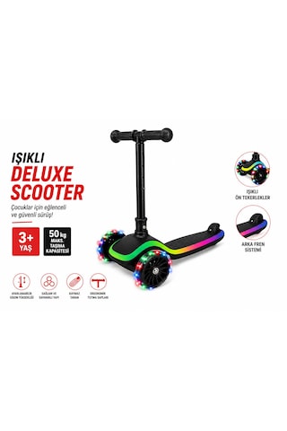 Işıklı Scooter Ön Işıklı Tekerlekler Ayarlanabilir Ön Gidon Kaymaz Güvenli Taban 3+ Yaş Siyah