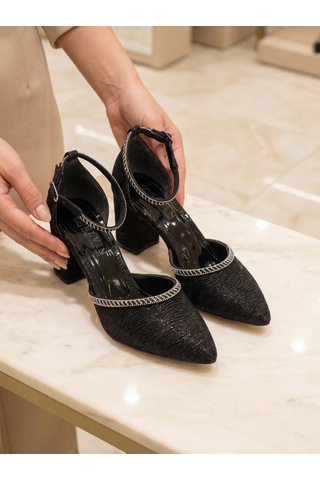 Nesilshoes Nesil Shoes Elva 45029 Siyah Simli Topuklu Kadın Ayakkabı