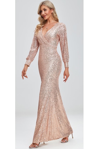 Hanife Glam Couture Hanife Glam Uzun Kollu Kruvaze Yaka Pullu Abiye Elbise Gold