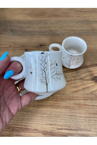Hayat Ağacı Desenli El Yapımı Seramik Kupa, Mug, Türk Kahvesi