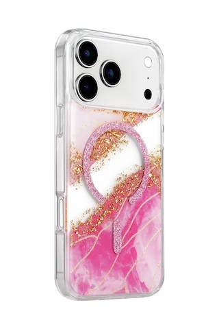 Onegif Apple iPhone Uyumlu 17 Pro Lotus Simli Magsafe Kapak - Pembe