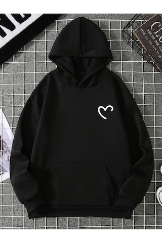 Yarım Kalp Sweatshirt - Siyah Baskılı Oversize Kapüşonlu Siyah