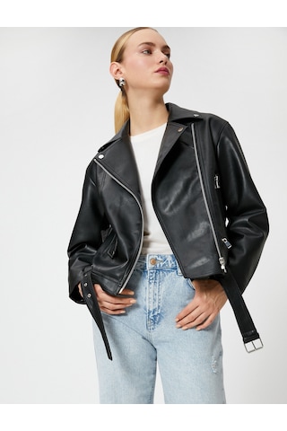 Koton Oversize Biker Ceket Suni Deri Fermuarlı Siyah 3sak20013ew