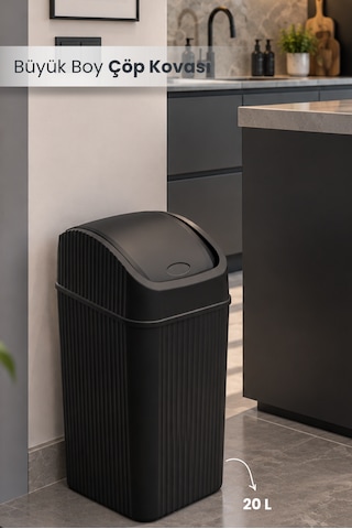 20 Litre Pratik Kapaklı Mutfak Çöp Kovası Büyük Boy Banyo Çöp Kovası Siyah