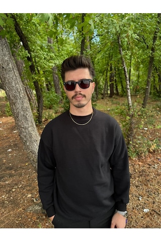 Erkek Oversize Bisiklet Yaka Basic Sweatshirt SIYAH