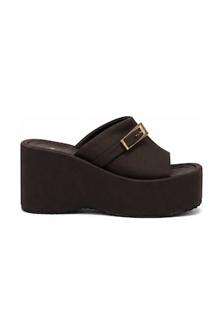 N Napa Shoe Np.9555.kahve Saten Napa Shoe Kadın Dolgu Topuk Platform Terlik Tokalı Günlük Şık Yazlık Terlik Kahverengi