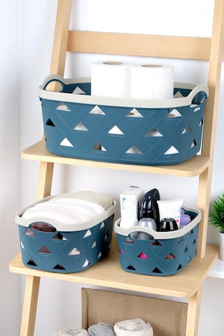 3lü Dekoratif Deri Görünüm Dolap İçi Düzenleyici Saklama Kutusu Mutfak Banyo Organizer Sepet Mavi Sd5000set-2 Mavi