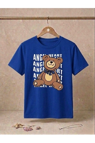 Unisex Ayıcık Baskılı Kompakt T-shirt Mavi