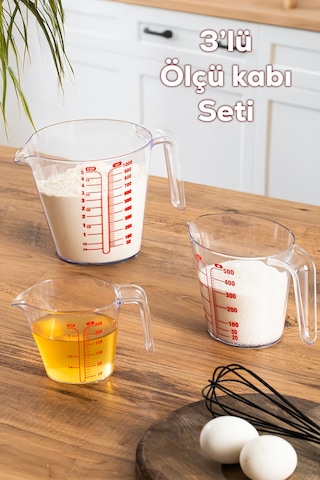 Porsima 3lü Şeffaf Plastik Ölçek Kabı - Beher Mutfak Ölçü Kabı 250ml-500ml-1000ml