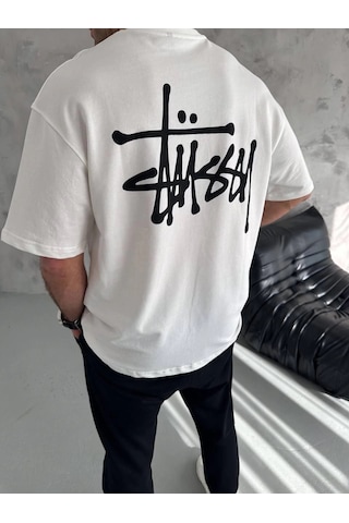 Wear Vexel Erkek Tişört Bisiklet Yaka Baskılı Oversize Kısa Kol T-shirt - Beyaz Çok Renkli