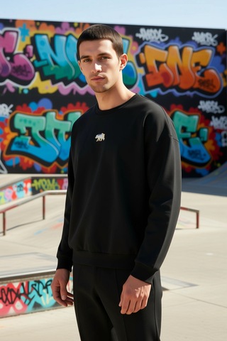 Benerly Erkek Bisiklet Yaka Standart Kol Oversize Fit Sweatshirt Fonksiyo siyah