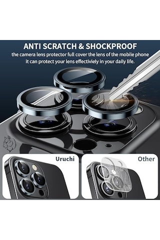 İphone 14 Pro / 14 Pro Max / 15 Pro / 15 Pro Max Safir Premıum Kamera Lens Koruyucu, Orijinal Tasarım Çizilmez 9h Temperli Cam Kamera Ekran Koruyucu, Metal Lens, Siyah