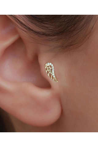 14 Ayar Altın Taşlı Melek Kanadı Tragus Piercing Sarı Altın