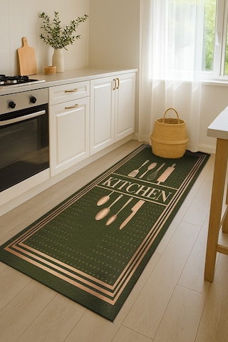 Turkıshrug Kıngdom Yeşil Ve Bej Detaylı Kitchen Yazılı Halı Mutfak İçin Şık Dekor Çok Renkli