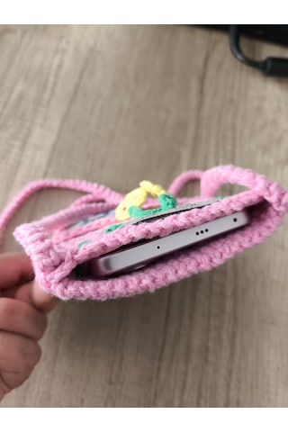 El Yapımı Çiçek Desenli Örgü Telefon Çantası Açık Pembe