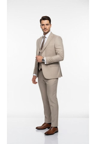 Erkek Slim Fit Takım Elbise Yelekli Modern Kesim Likralı Esnek Kumaş Kırışmaz Şık Düğün Davet Takımı Bej