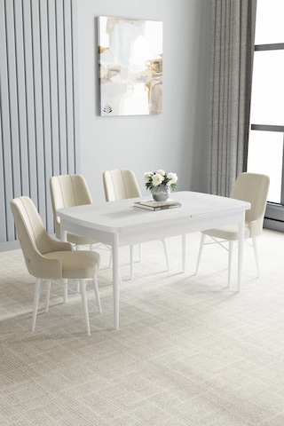 Zümra Serisi, Beyaz 80x132 Açılabilir Mdf Mutfak Masası Takımı 4 Adet Sandalye, Krem