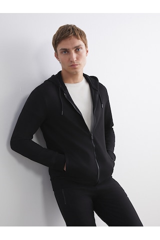 Lcwaıkıkı Basic Siyah Kapüşonlu Basic Erkek Fermuarlı Sweatshirt