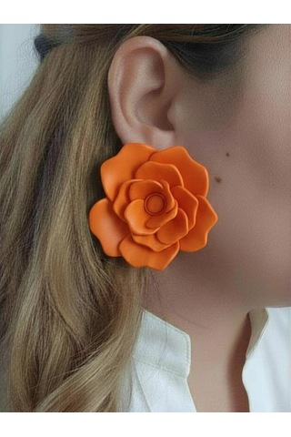 Kadın Küpe Büyük Turuncu Gül Model - 6 Cm Minimalist Halka/çivili Gül Çiçek Küpe