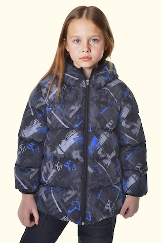 Kız Çocuk Dijital Desen Polar Su Ve Rüzgar Geçirmez Kapüşonlu Şişme Kışlık Mont Siyah