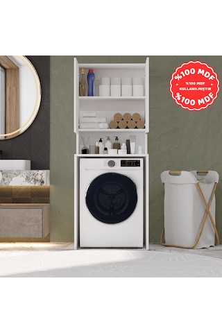 Çamaşır Makinesi Dolabı 3 Raflı Kapaklı Banyo Dolabı Beyaz %100 M Beyaz