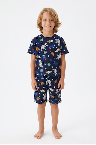 Alkın Kids 3-13 Yaş Erkek Çocuk Gezegen Desenli %100 Pamuklu Kısa Kollu Şortlu Pijama Takımı Lacivert