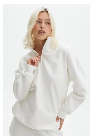 Modi Unisex Uzun Kol Yarım Farmuarlı Yakalı Basic Sweatshirt - Beyaz 2beyaz