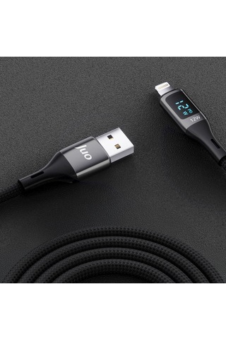 Juo 12W Dijital Led Ekranlı Usb-a To Lightning Apple Uyumlu iPhone iPad Örgülü Hızlı Şarj ve Data Kablosu 2M