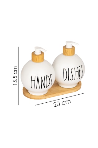2'li Bambu Altlıklı Bambu Pompalı Tombul Cam Sabunluk Deterjanlık 350 Ml Beyaz