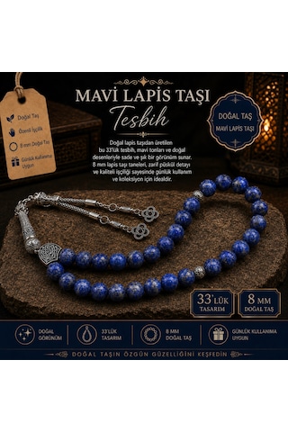 Lapis Lazuli Doğal Taş Tesbih 33 Lü 8 Mm Özel Kesim Mavi Tesbih