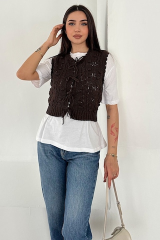 Noa & Noa Kadın Ponponlu Bağlamalı Triko Süveter Dokulu & Romantik Stil Kahverengi