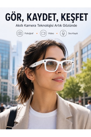 Beyaz Akıllı Kamera Gözlüğü Fotoğraf Video Çekimli Bluetooth Aramalı Aı Destekli 3 Değiştirilebilir Lensli
