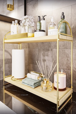 Bino Mutfak Rafı Masaüstü Düzenleyici Organizer Mutfak Banyo Dolabı 2 Katlı Raf Oval Raf Kitaplık Altın