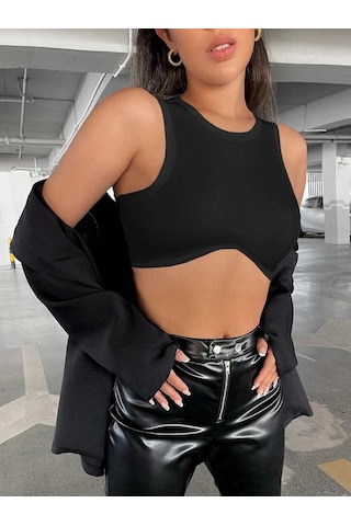 Liona Kadın Siyah Bisiklet Yaka Asimetrik Crop Top Büstiyer 001