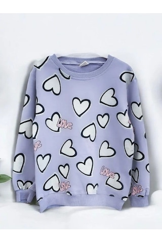 Kız Çocuk Kalp Desenli Pamuklu Sweatshirt-14301 Lila