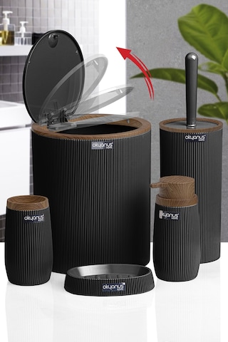 Okyanus Home Siyah Ahşap Çizgili Yuvarlak 5'Li Banyo Seti