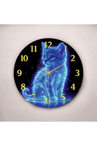 Renkli Baskı Kedi Dijital Desenli Sayılı Hediyelik Ahşap Sessiz Duvar Saati 50cm ÇOk Renkli