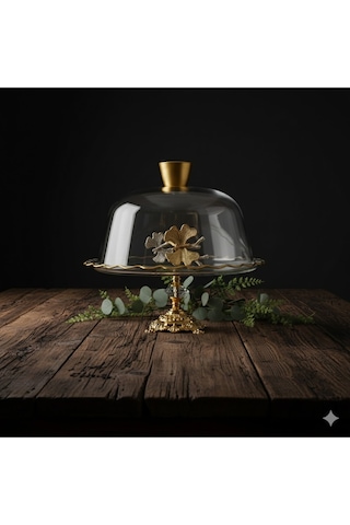Çnr Home Collection Gold Metal Ayakli Cam Kapakli Kek Pasta Standi Fanus Gri