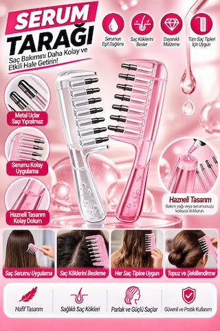 Mucit Home Serum Uygulama Tarağı Metal Uçlu Hazneli Saç Dibi Serum Tarağı Şeffaf Pembe
