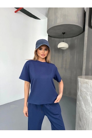 Buğrahayalin Osy Modal Yumuşak Dokulu Kumaş Kısa Kollu Bluz Rahat Pantalon Ikili Takım- Lacivert