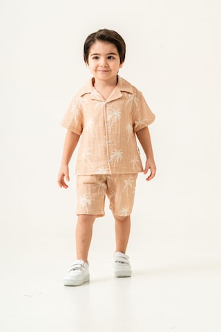 2'li Erkek Çocuk Kahve Rengi Desenli Keten Şortlu Takım-1184 Kahverengi