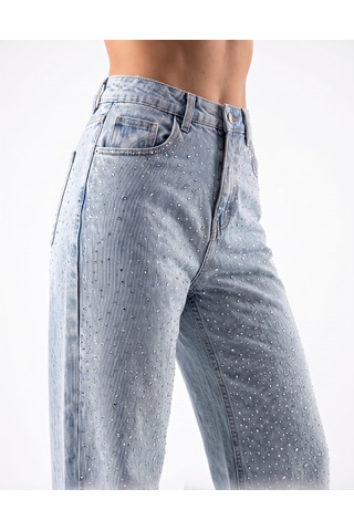 Kadın Açık Mavi Likralı Yüksek Bel Önü Full Taşlı Wide Leg Geniş Paça Jean Kot Pantolon