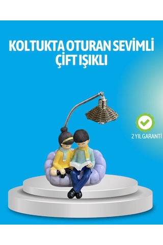 Romantik Çift Figürlü Okuyan Çift Masa Lambası Dekoratif Led Aydınlatma Mavi
