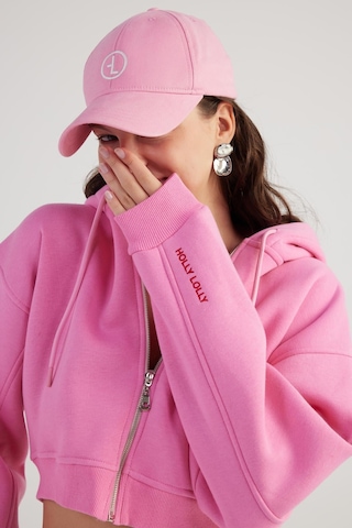 Holly Lolly Kadın Pembe Kapüşonlu Uzun Kol Fermuarlı Crop Mixed Sweat