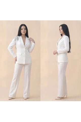 Orvelia Omuz Kanat Kristal İşlemeli Tailored Beyaz Blazer Ceket Ve Pantolon Takımı Selene