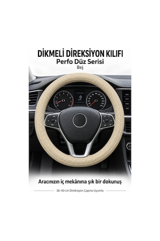 Trobus Volkswagen Caddy 2024 Ve Sonrası Uyumlu Dikmeli Direksiyon Kılıfı Perfo Düz Delikli Deri Bej