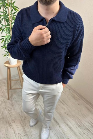 Erkek Lacivert Fermuarlı Polo Yaka Oversize Triko Kazak Lacivert
